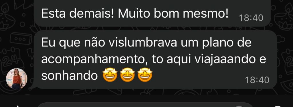 Print de WhatsApp: médica diz que está viajando e sonhando depois de ver um plano de acompanhamento gerado pela MAYA