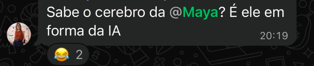 Print de WhatsApp: médica brinca dizendo que a MAYA é o próprio cérebro da criadora da plataforma em forma de inteligência artificial